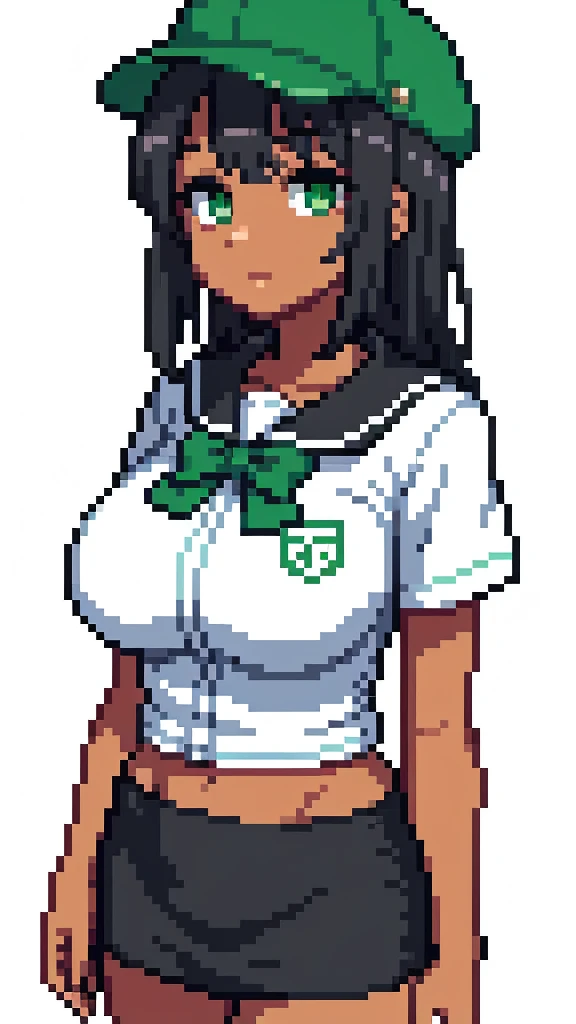 Masterpiece, best quality, 1girl, solo, black hair, green eyes, green cap, tanned skin, school outfit, pencil skirt, large breasts, white background, no background