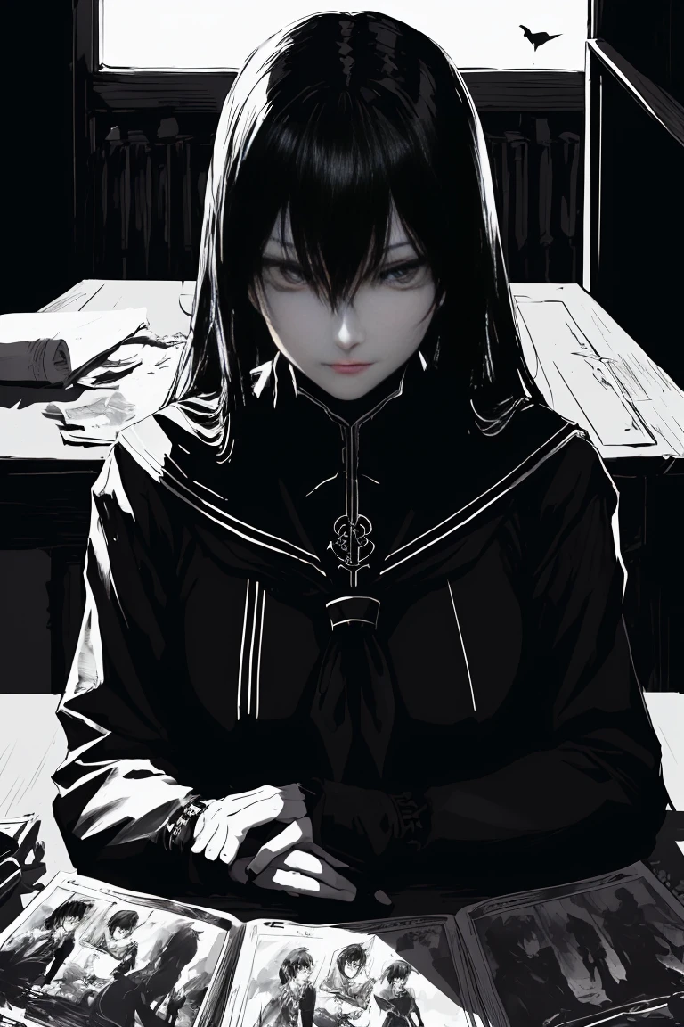 style v5lcn,ink art,(Best quality,table:1.2),(black and white comic core:1.1),(extremely high contrast),Dark ink,1 girl in,Dark-haired,Shadow on the face、8 k,Permission,high school student,sailor uniform,