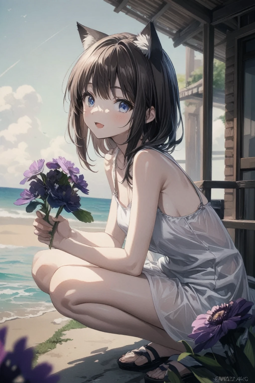 An anime girl with cat ears is kneeling on the beach holding a flower, Gwaiz, artwork in the style of Gwaiz, 4k anime wallpaper, Anime Style 4k, Beautiful Anime girl, Cute Anime Girl, 4K Manga Wallpapers, anime art wallpaper 4k, anime art wallpaper 4k, Anime Art Wallpapers 8K, Smooth anime CG art, Beautiful Anime,Brown Hair,blue eyes,18 years old