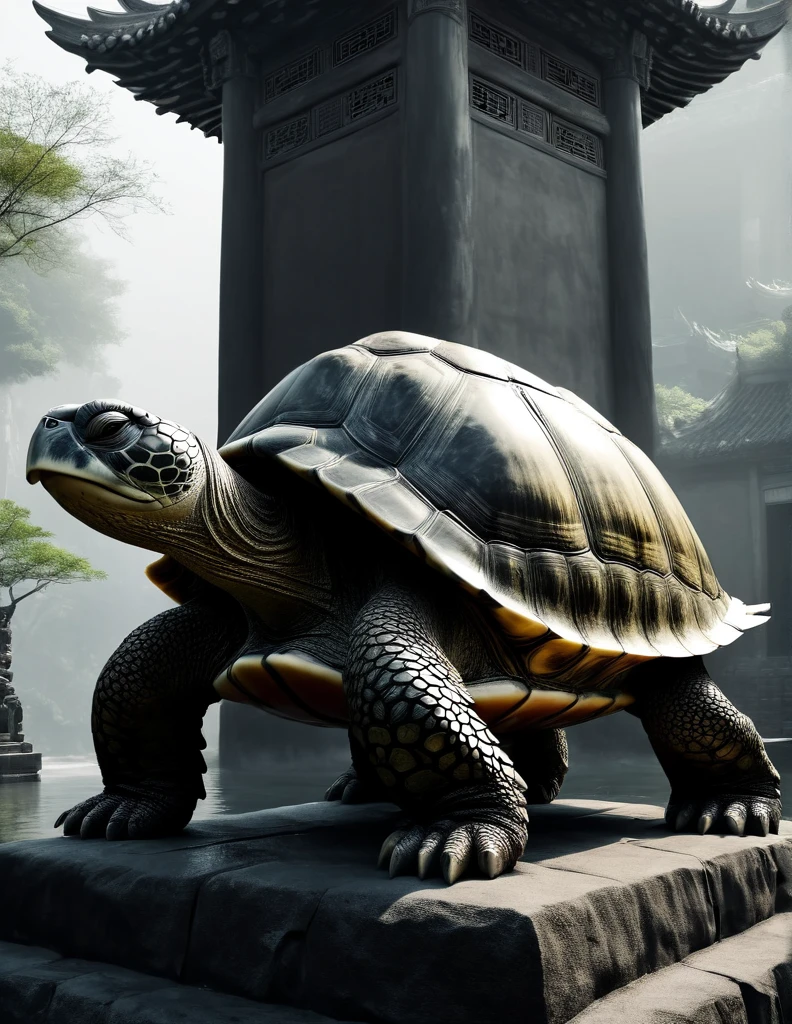 A turtle，A huge ancient Chinese Huabiao pillar，lightand shade contrast，Black and White Ultra HD Photography, Hard keys，Side seams, Wet with, Sateen, Shiny, Ultra-realistic realism,, light