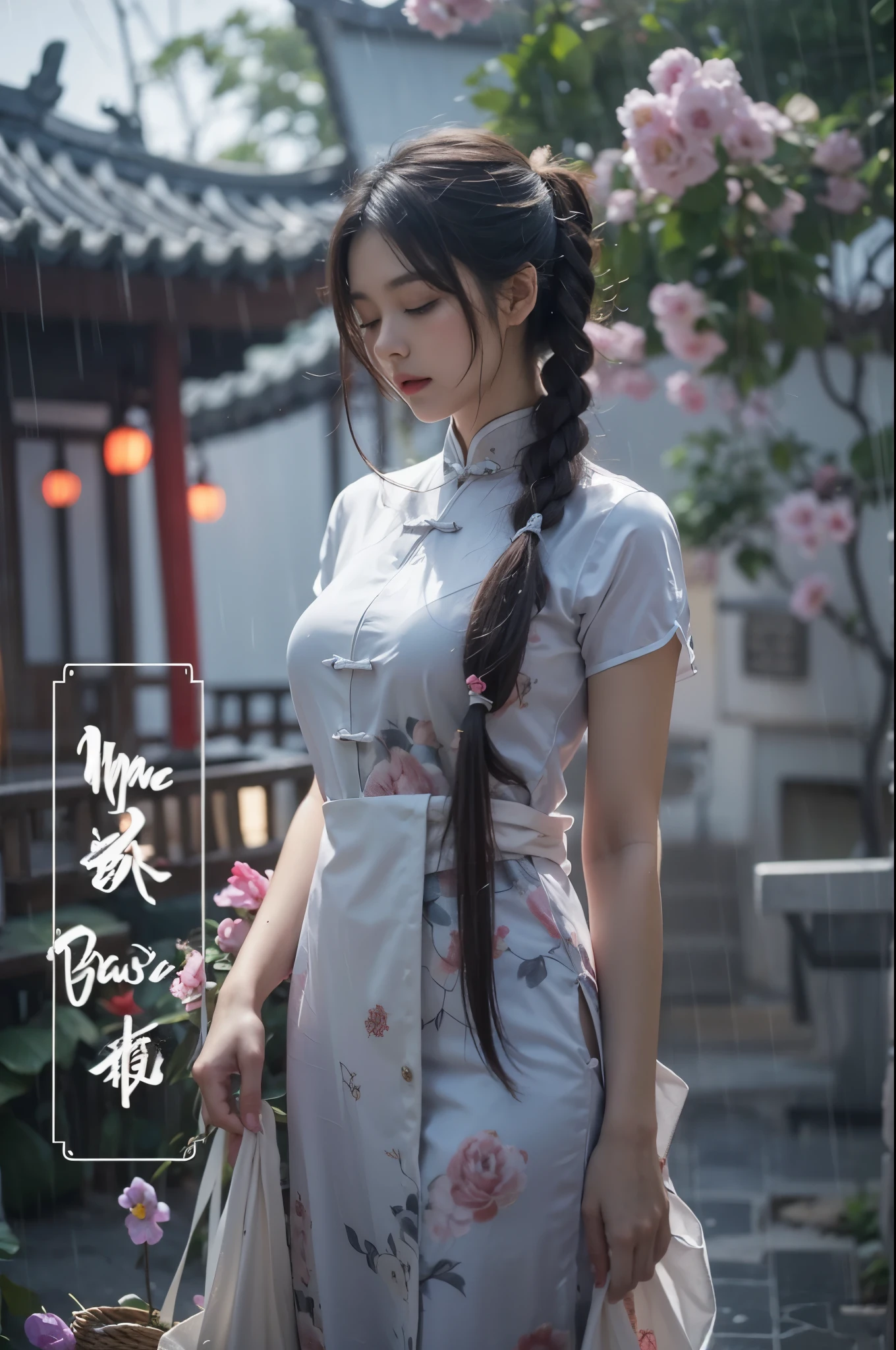 Beautiful Japanese waifu, early 30s, brunette hair, long pigtails, traditional Chinese silk dress in white with flower patterns, in the rain, wet clothes, closed eyes 