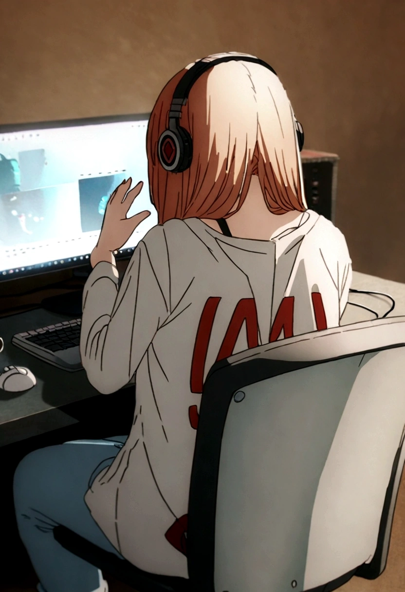 1 anime girl, wearing a shirt with the name harl written big on it, in the back, sitting on a chair, Wearing Headphones, playing on pc, focused on the game, with blue and red particles around.,studiando