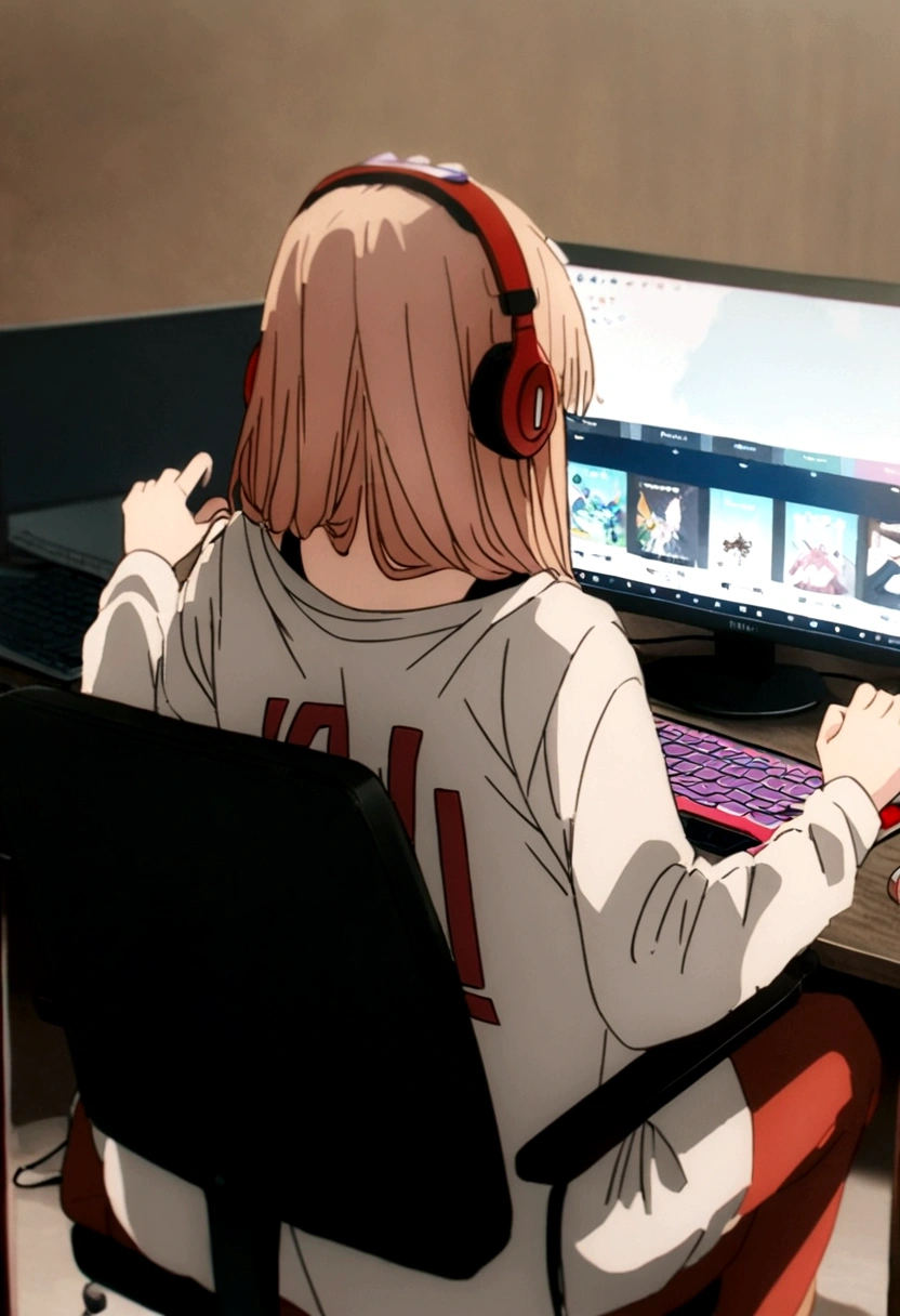 1 anime girl, wearing a shirt with the name harl written big on it, in the back, sitting on a chair, Wearing Headphones, playing on pc, focused on the game, with blue and red particles around.,studiando