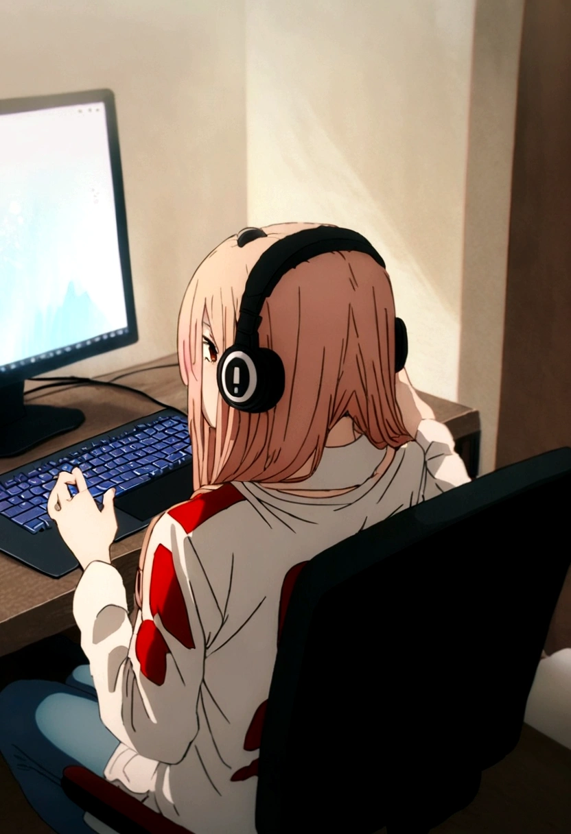 1 anime girl, wearing a shirt with the name harl written big on it, in the back, sitting on a chair, Wearing Headphones, playing on pc, focused on the game, with blue and red particles around.,studiando