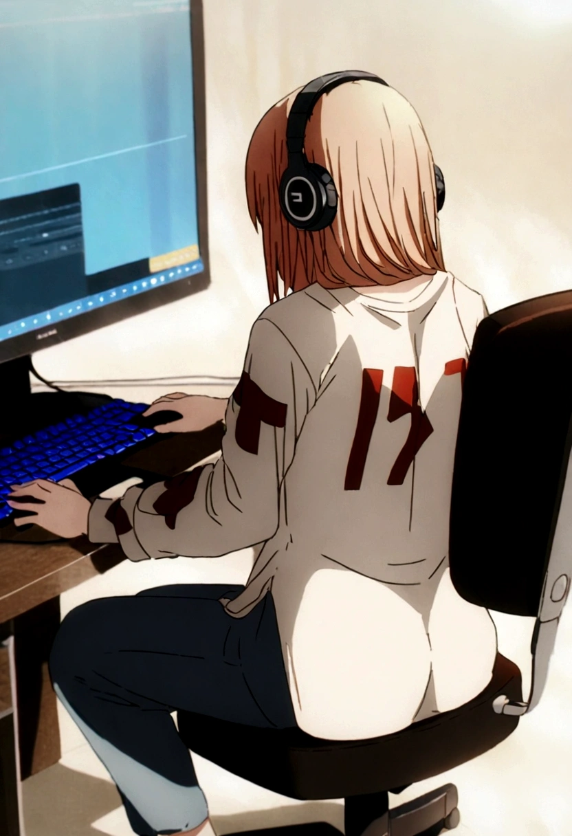 1 anime girl, wearing a shirt with the name harl written big on it, in the back, sitting on a chair, Wearing Headphones, playing on pc, focused on the game, with blue and red particles around.,studiando