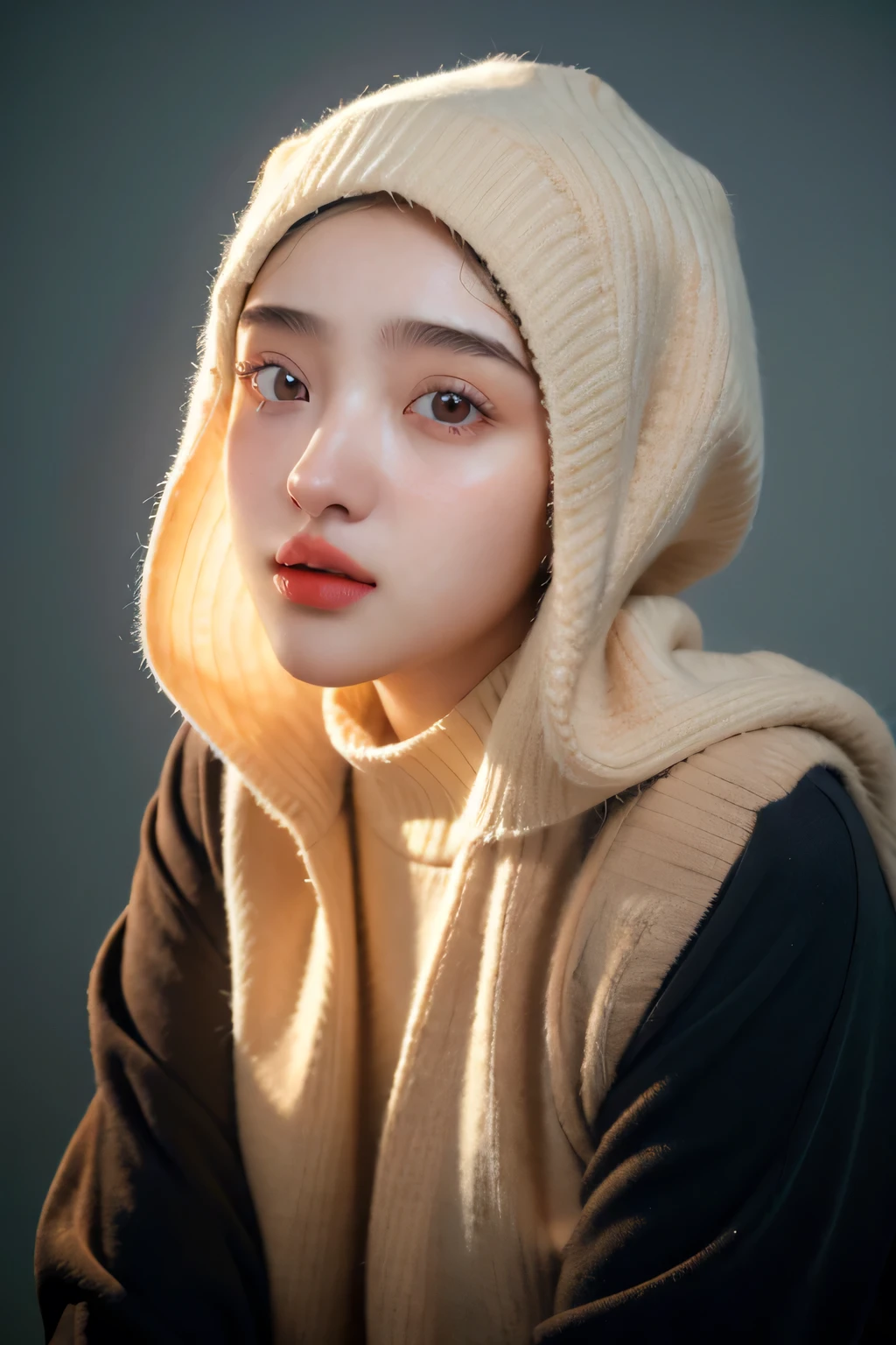 a 20 yo woman,hijab, sweater, dark theme, soothing tones, muted colors, high contrast, (natural skin texture, hyperrealism, soft light, sharp), simple background,