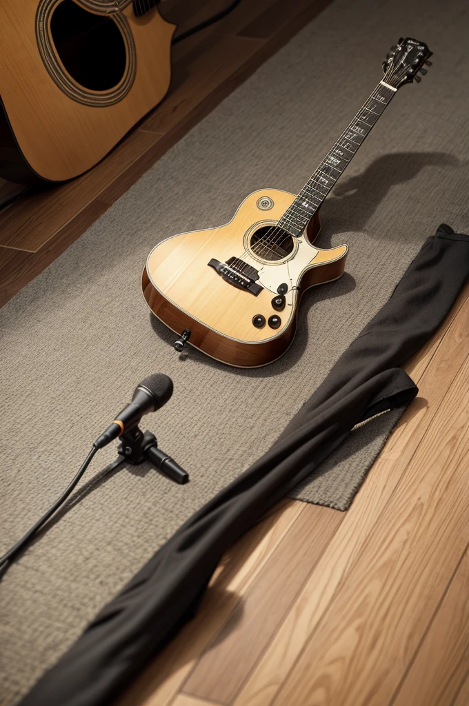 A guitar on the floor, with a microphone