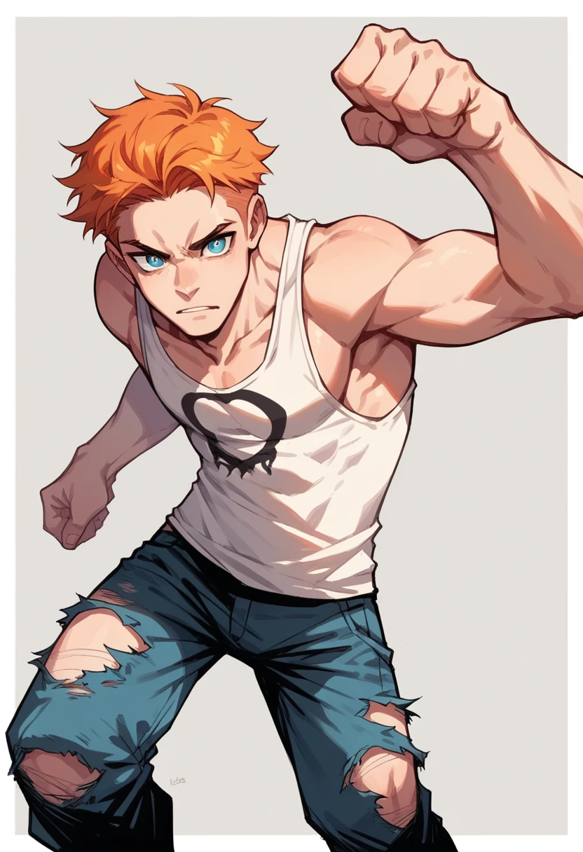 human Male Adolescent , cool orange hair , tank top , blue pupils,Ripped pants ,Cool pose