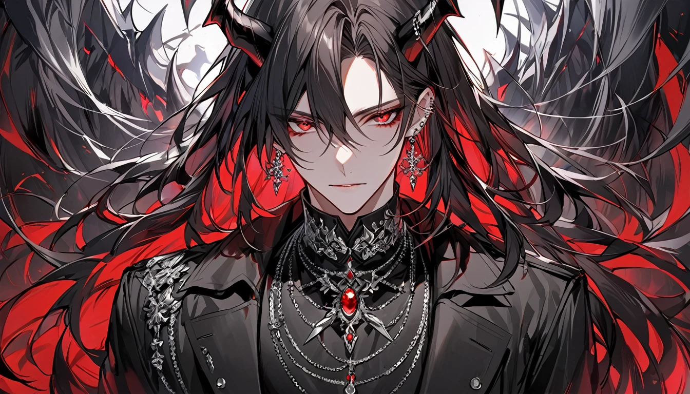 alone, good looking, 1 male, Long hair, Middle parted hair, Black hair, Red eyes, Black shirt, White Thailand, Black Trench Coat, Royal Silver Jewellery, Royal Demon Earrings, Black horns, Front Facing