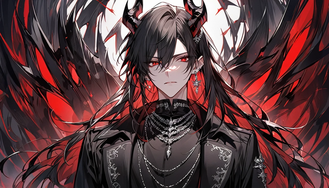 alone, good looking, 1 male, Long hair, Middle parted hair, Black hair, Red eyes, Black shirt, White Thailand, Black Trench Coat, Royal Silver Jewellery, Royal Demon Earrings, Black horns, Front Facing
