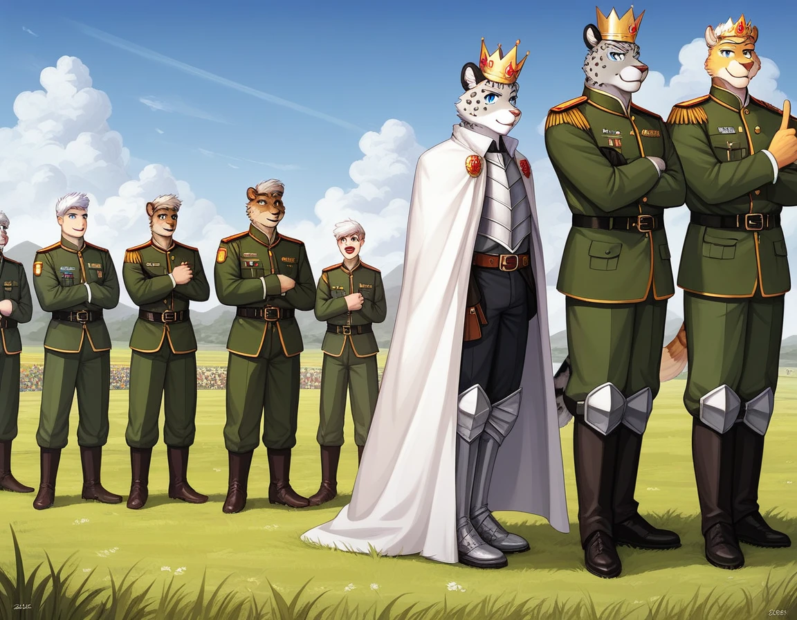 Score_9, score_8_up, score_7_up, source_cartoon, Anthro male, snow leopard, short white hair, blue eyes,  wearing regal kings outfit, kings top, elegant slacks, crown, wearing silver armor, white cape, young, tall and slender, portrait, standing, pointing to a battlefield, grassy field, many soldiers in the background marching, huge army in the background, outdoors, side view