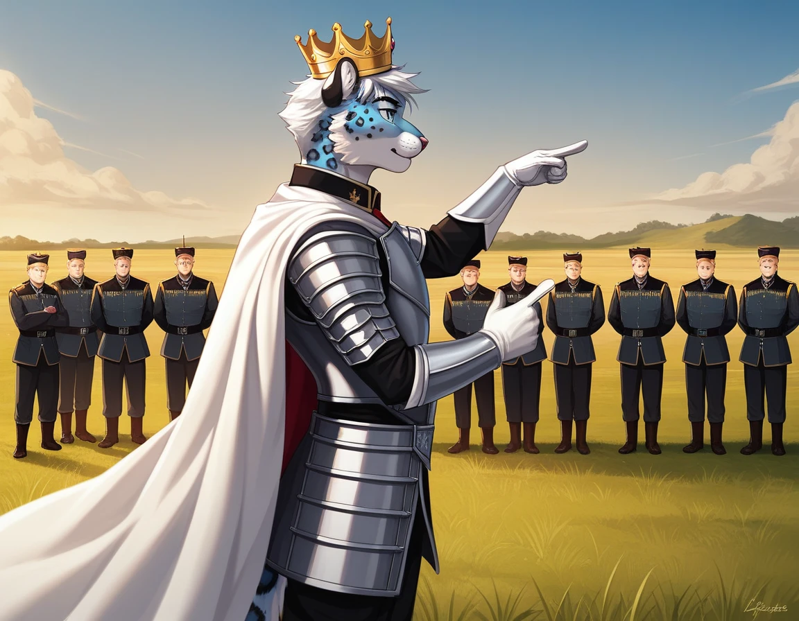 Score_9, score_8_up, score_7_up, source_cartoon, Anthro male, snow leopard, short white hair, blue eyes,  wearing regal kings outfit, kings top, elegant slacks, crown, wearing silver armor, white cape, young, tall and slender, portrait, standing, pointing to a battlefield, grassy field, many soldiers in the background marching, huge army in the background, outdoors, side view