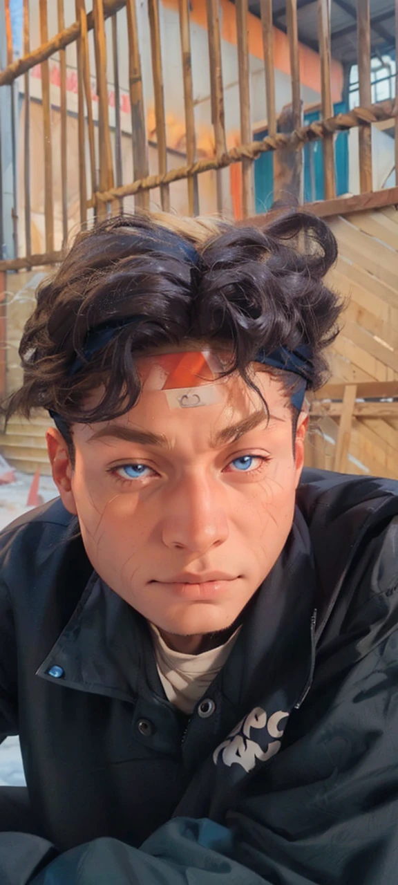 a man with long blond hair wearing a naruto headband, detailed face, piercing blue eyes, chiseled jawline, muscular body, dynamic action pose, explosions and fire effects in the background, highly detailed, vibrant colors, cinematic lighting, 8k, unreal engine, photorealistic