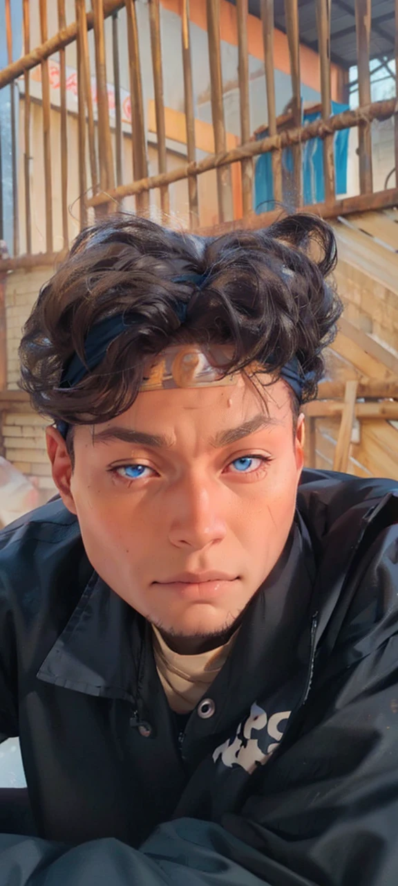 a man with long blond hair wearing a naruto headband, detailed face, piercing blue eyes, chiseled jawline, muscular body, dynamic action pose, explosions and fire effects in the background, highly detailed, vibrant colors, cinematic lighting, 8k, unreal engine, photorealistic