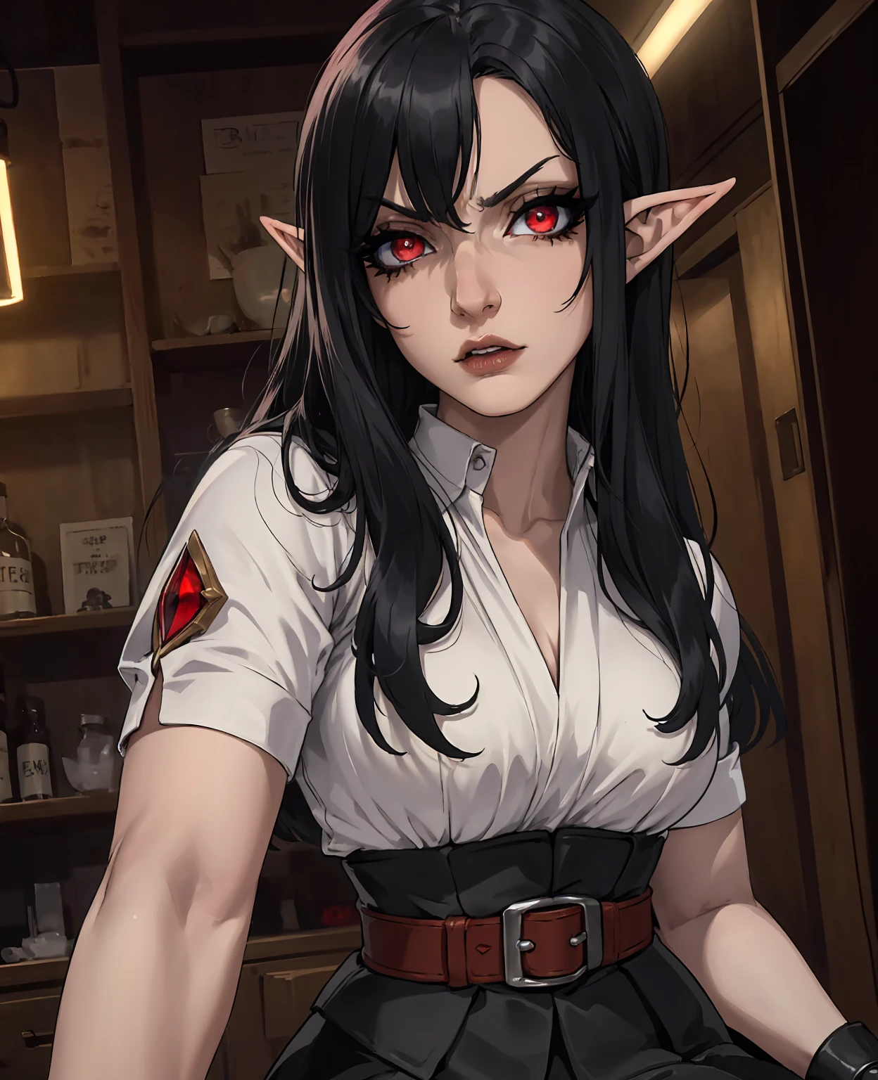 (Akemysama,1girl,black hair,pale skin,red eyes,elf-like costume,dark mysterious setting,beautiful detailed eyes,beautiful detailed lips,extremely detailed eyes and face,long eyelashes,intricate detailed character,highly detailed character portrait,photorealistic,hyperrealistic,masterpiece,cinematic lighting,dramatic lighting,moody lighting,chiaroscuro,dark fantasy,dark gothic,dark and moody atmosphere,dark and ominous)
