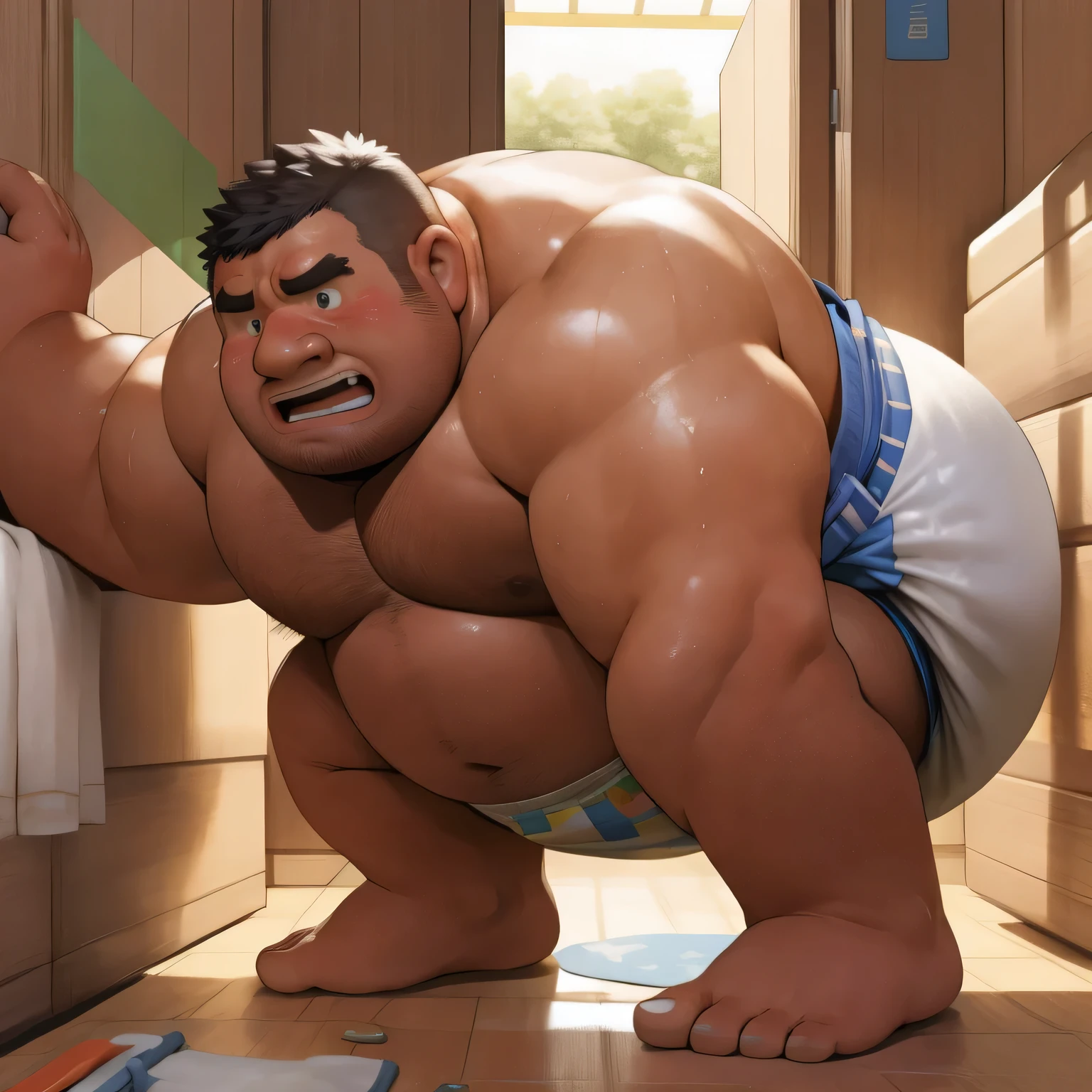 masterpiece, Top quality, in 32K, perfect anatomy, hyper detailed, super fine illustration, The thick man is a brutal prisoner, retarded, hairy human, 50yo in Japan, (fatness: 1.0), Fatty muscle, Bowleg, disappointment, incontinent, be diaper check by children, waddle, There is a small puddle under him, incontinent, Naked, short legs, Bowleg, spread legs, wear a White cloth Diaper, Bare belly, Bare legs, Bare foots, Bare soles, Shirtless, wide forehead and short thinning hair, Man with round face with stubble, Bare foots, Bare soles, shy, sissy, Weaker than children, Drool, Round face, steams, Solo, He enters nursery school and is despised by children, He surrounded by children, His bottom is wet, Bare foots, big butt, he is scolded by the children, White Diaper, He surrounded by children, sobbing, wear a White cloth Diaper, shirtless, There is a small puddle under him, He enters nursery school and is despised by children, big butt, sobbing, He crawling to go to children, on all fours, side view