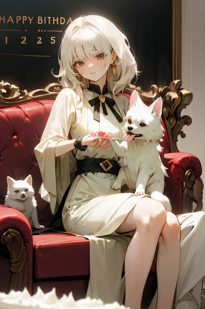 The woman is sitting on the sofa with a small white Pomeranian crawling on her lap, opposite a birthday cake, making a wish to the birthday cake, celebrating her birthday, she is about 1 6 years old, white skin, delicate facial features, fixed two legs