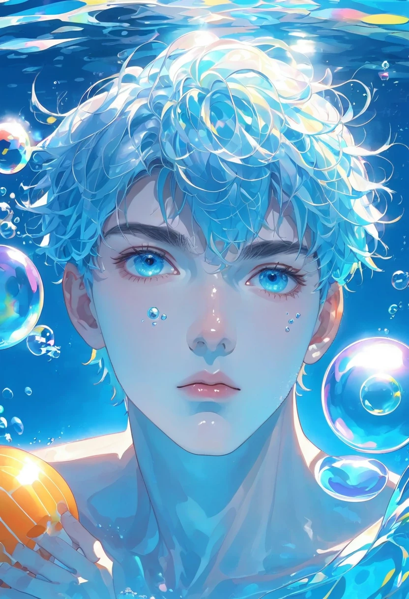 1 boy,air bubble,ball,Bangs,blue eyes,bubble,holding ,Looking at the audience,Male focus,swimmer,Underwater