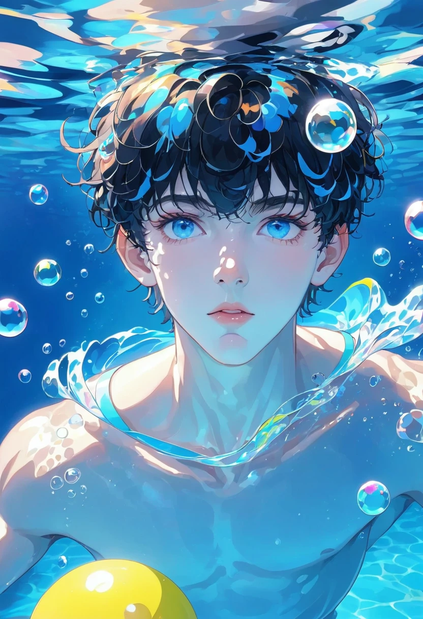 1 boy,air bubble,ball,Bangs,blue eyes,bubble,holding ,Looking at the audience,Male focus,swimmer，Underwater