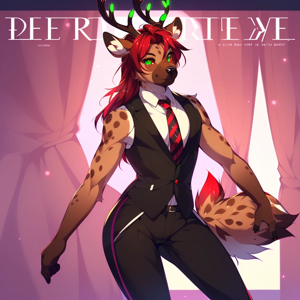 ((nsfw)) Solo, A cute anthro, (((half hyena half deer))), male, (cute snout:1.2) full body, ((by hyattlen, by fumiko, ((by zackary, by fumiko)), solo, anthro, male deer, deer antlers, Bright brown fur body, ((brown ears)), red hair, mullet, detailed eyes, (heterochromatic eyes), diferent color eyes, one red eye and one green eye, bright white neck, dark hyena spots, white fawn spots, white chest, perfect drawn deer tail, hyena arms, hyena paws, ((deer tail)), (small fluffy tail), cute deer tail, (three dark spots on each cheek), soft and warm chest, verry fluffy body, smirk, toned body, great anatomy, femboy jock, big ass, thick thighs, well drawn hands, good anatomy, detail, sexy pose, dynamic pose, (full body), wearing fashionable clothes, designer clothes, magazine cover, top model magazine, advertisement, elegant, beautiful, three piece suit, suit and tie, dress pants, tight fitting pants, black gold magenta and white color scheme, (((one red eye one green eye))), ass view,