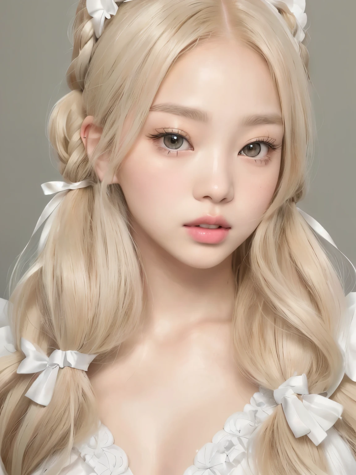 a close up of a woman with long blonde hair wearing a white dress, kawaii realistic portrait, blond hair with pigtails, kawaii hairstyle, twintails hairstyle, pigtails hairstyle, cute natural anime face, pale milky white porcelain skin, long blonde hair and big eyes, realistic young anime girl, white hime cut hairstyle, anime girl in real life, ultrarealistic sweet bunny girl, kim jennie, jennie kim, jennie of blackpink