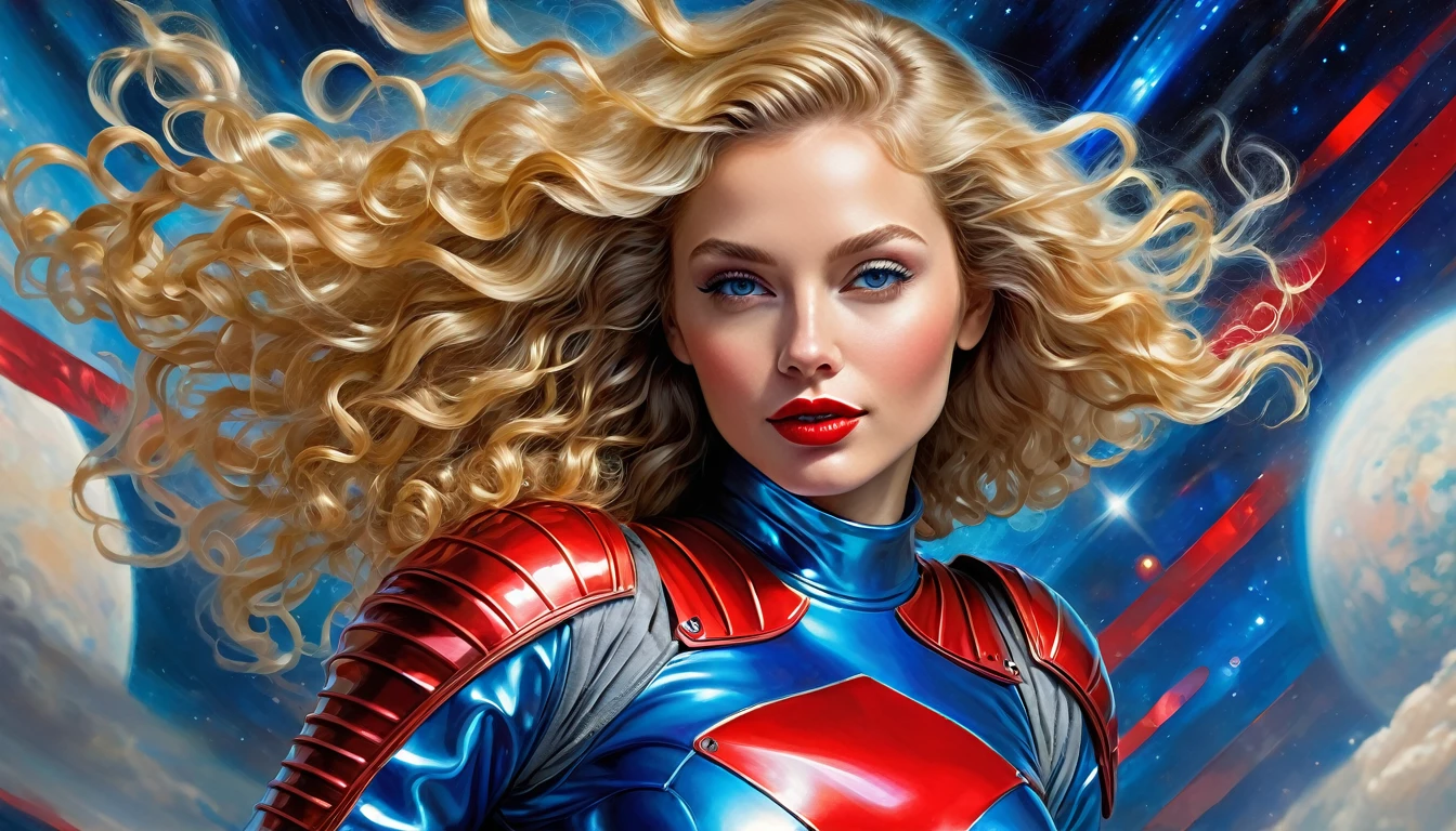 High-quality realistic acrylic painting, VIVID COLORS, a beautiful woman with long blonde curly hair, red lips, looking at the viewer with suspicious face and a shy smile. She wears shades of blue shiny ultra-glossy armor, with the hands in waist, against a deep space background