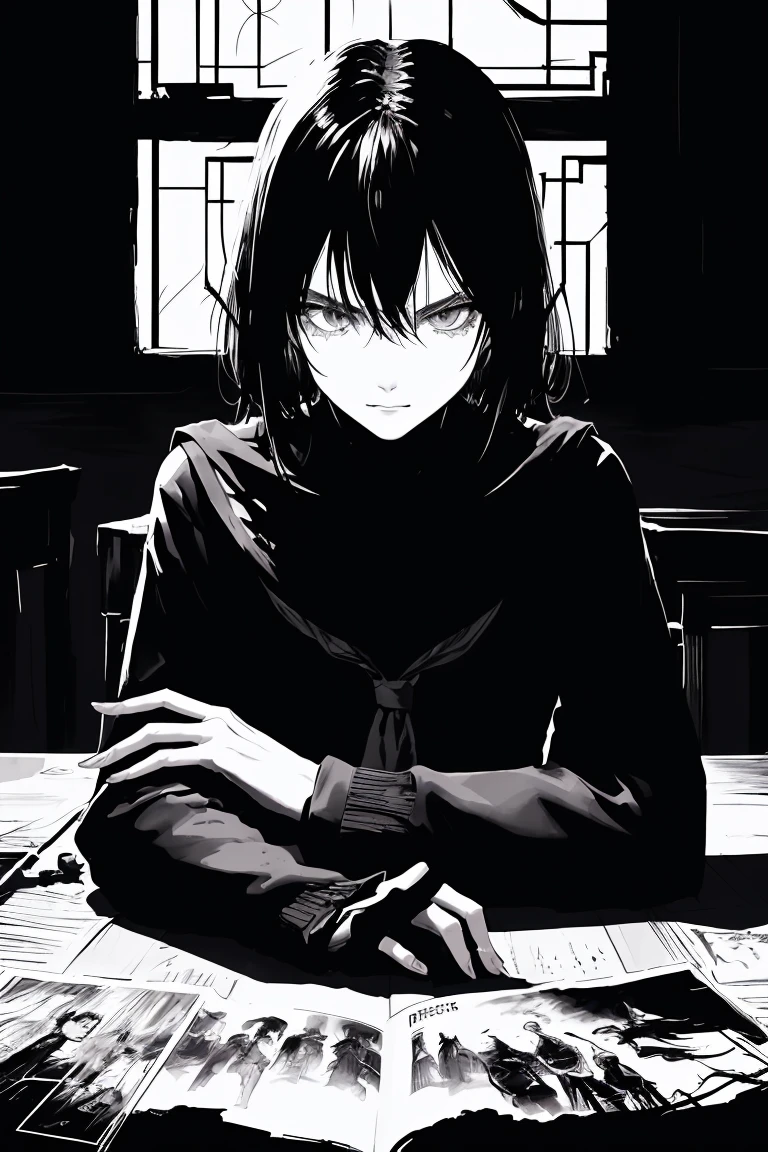 style v5lcn,ink art,(Best quality,table:1.2),(black and white comic core:1.1),(extremely high contrast),Dark ink,1 girl in,Dark-haired,Shadow on the face、8 k,Permission,high school student,sailor uniform,