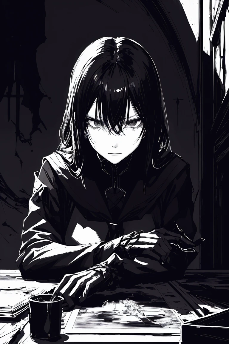 style v5lcn,ink art,(Best quality,table:1.2),(black and white comic core:1.1),(extremely high contrast),Dark ink,1 girl in,Dark-haired,Shadow on the face、8 k,Permission,high school student,sailor uniform,