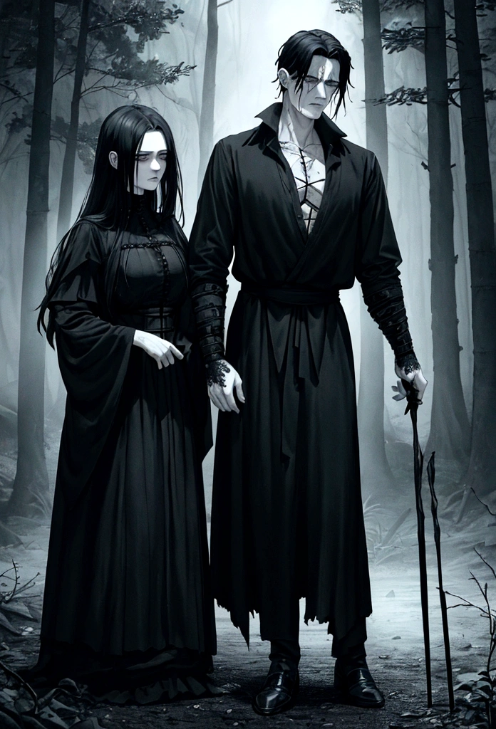 black haired Frankenstein, pale skin, wearing torn black clothes, face detailed, hyperrealisti, dark and moody atmosphere in the forest full body, slightly strong body with several seams on your skin, Wearing medieval clothes