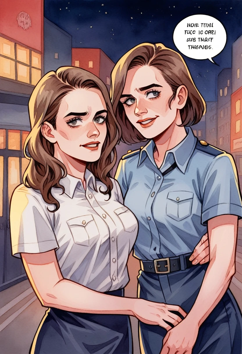 (Amsterdam, redlight district, at night), two girls talking to policemen, Emma Watson and Natalie Portman, together on the street, in front of a red-lit showroom, in white chiffon babydolls, talking to an older tall Turkish policeman, in worker garb, watercolor painting