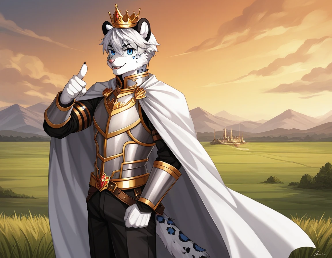 Score_9, score_8_up, score_7_up, source_cartoon, Anthro male, snow leopard, short white hair, blue eyes, wearing regal kings outfit, kings top, elegant slacks, crown, wearing silver armor, white cape, young, tall and slender, portrait, standing, pointing to a battlefield, grassy field, many knights in the background marching, huge army in the background, outdoors, side view, epic pose,