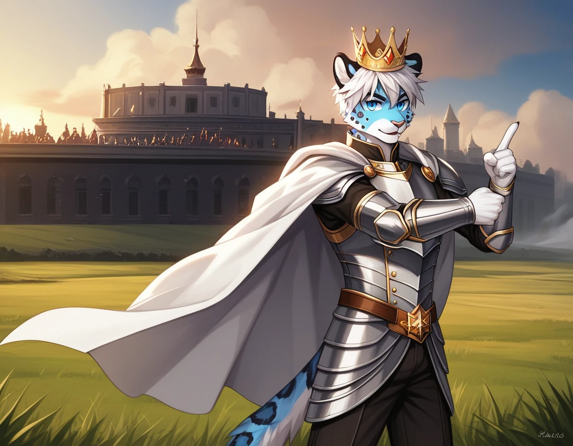 Score_9, score_8_up, score_7_up, source_cartoon, Anthro male, snow leopard, short white hair, blue eyes, wearing regal kings outfit, kings top, elegant slacks, crown, wearing silver armor, white cape, young, tall and slender, portrait, standing, pointing to a battlefield, grassy field, many knights in the background marching, huge army in the background, outdoors, side view, epic pose,