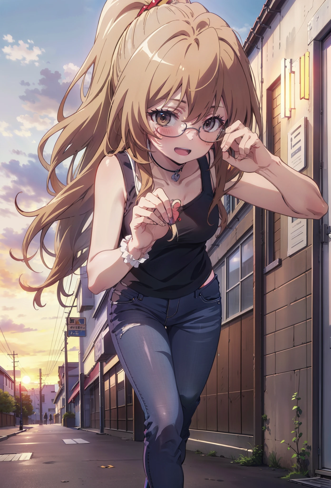 taiga aisaka, taiga aisaka, Long Hair, Brown Hair, Brown eyes,happy smile, smile, Open your mouth,ponytail,Black-rimmed glasses,Brown Tank Top,Skinny jeans,Stiletto heels,The rising sun,morning,morning陽,walking,whole bodyがイラストに入るように,
break outdoors, construction area,
break looking at viewer, whole body,
break (masterpiece:1.2), Highest quality, High resolution, unity 8k wallpaper, (shape:0.8), (Beautiful attention to detail:1.6), Highly detailed face, Perfect lighting, Extremely detailed CG, (Perfect hands, Perfect Anatomy),