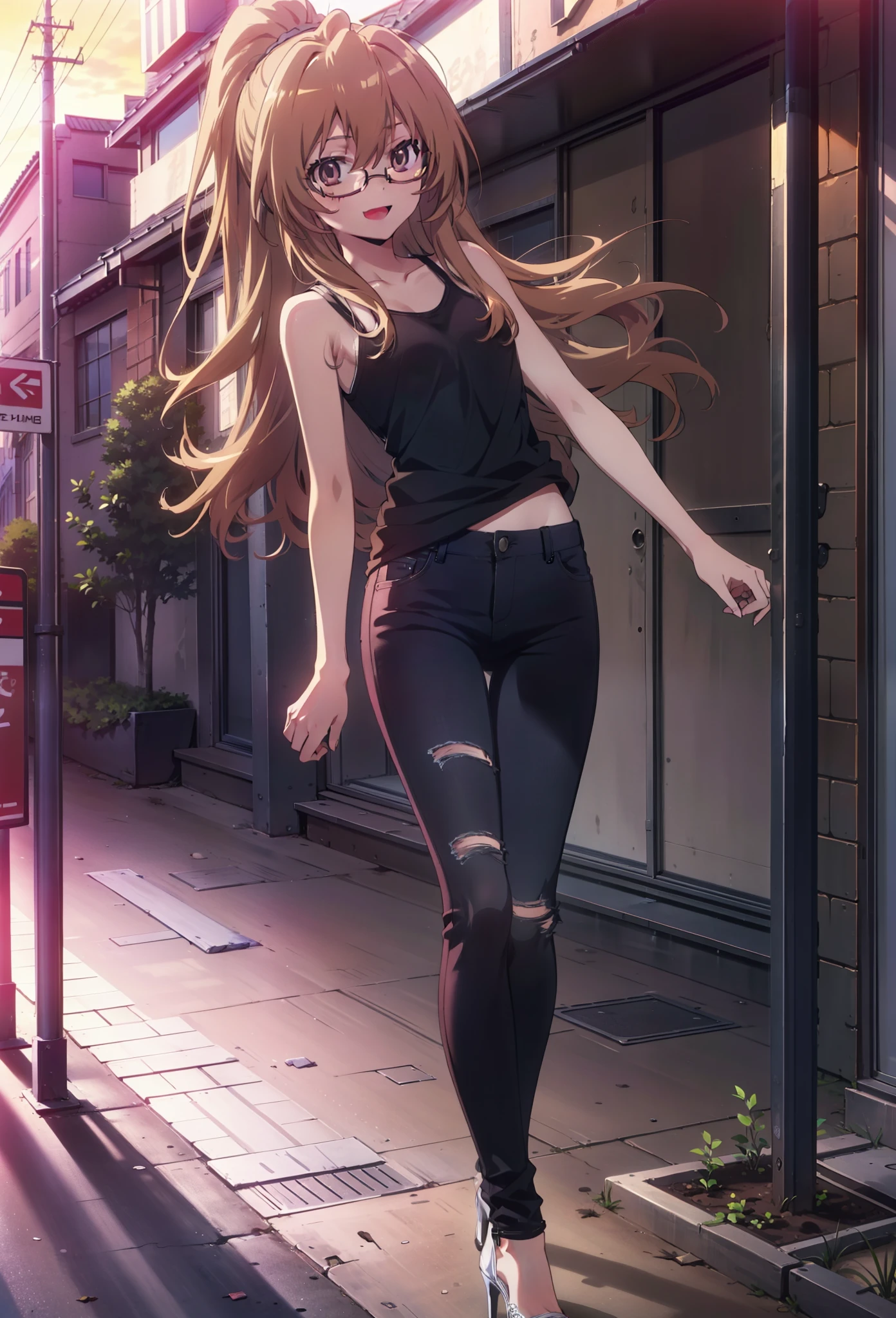 taiga aisaka, taiga aisaka, Long Hair, Brown Hair, Brown eyes,happy smile, smile, Open your mouth,ponytail,Black-rimmed glasses,Brown Tank Top,Skinny jeans,Stiletto heels,The rising sun,morning,morning陽,walking,whole bodyがイラストに入るように,
break outdoors, construction area,
break looking at viewer, whole body,
break (masterpiece:1.2), Highest quality, High resolution, unity 8k wallpaper, (shape:0.8), (Beautiful attention to detail:1.6), Highly detailed face, Perfect lighting, Extremely detailed CG, (Perfect hands, Perfect Anatomy),