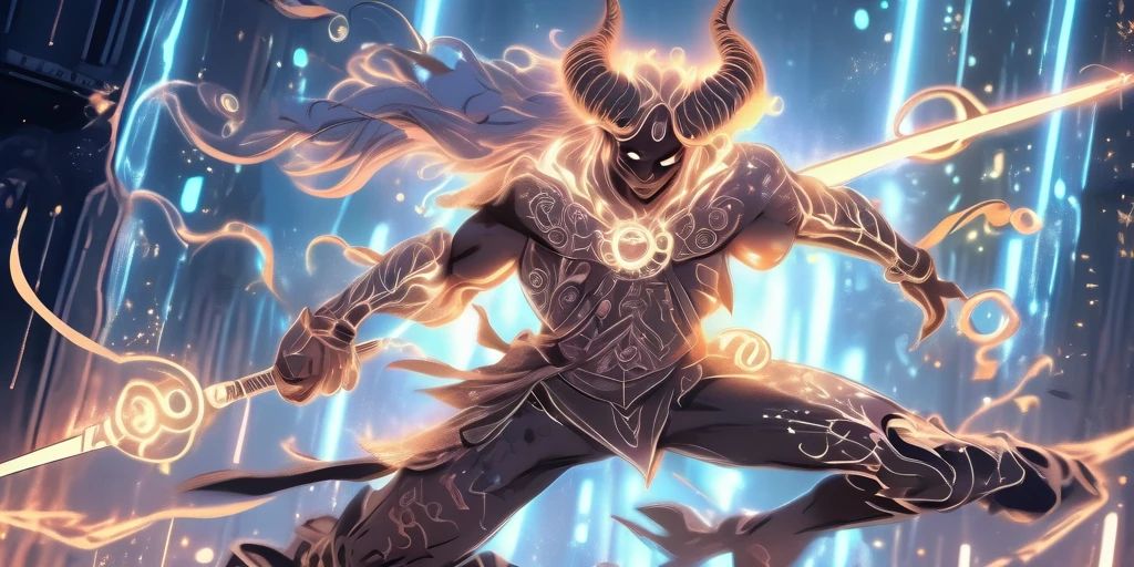 Ancient anime style, artbook, comicbook, RPG, futuristic medieval, steampunk.  A demon warrior of light, wearing battle armor with glowing magic markings, dynamic pose, full body, human face with glowing magical tribal tattoos with celestial tones, demon features, golden horns with glowing magic markings, demon tail, demon skin magical pearly stone with glowing carved marks, glowing eyes, using a technological magic long spear with glowing magic circuits.  In a metropolis of a celestial kingdom with advanced technology, with tall buildings with neon details, mixing technology with magical vegetation, steampunk.  Wide scenery, cinematic scene with several layers of depth, dynamics, magical lighting.