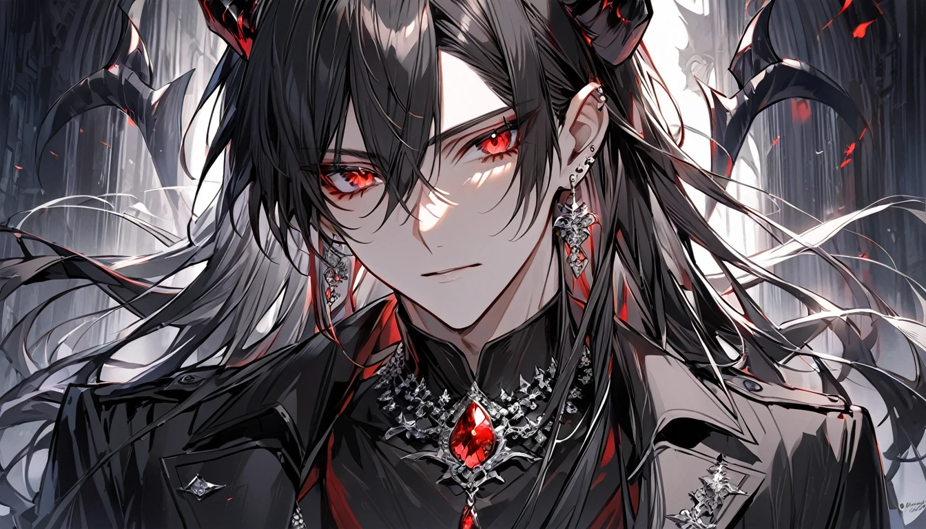 alone, good looking, 1 male, Long hair, Middle parted hair, Black hair, Red eyes, Black shirt, White Thailand, Black Trench Coat, Royal Silver Jewellery, Royal Demon Earrings, Black horns, Front Facing, Vtuber Front Facing Camera