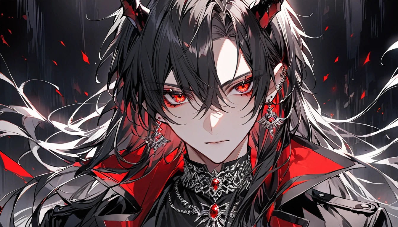 alone, good looking, 1 male, Long hair, Middle parted hair, Black hair, Red eyes, Black shirt, White Thailand, Black Trench Coat, Royal Silver Jewellery, Royal Demon Earrings, Black horns, Front Facing, Vtuber Front Facing Camera