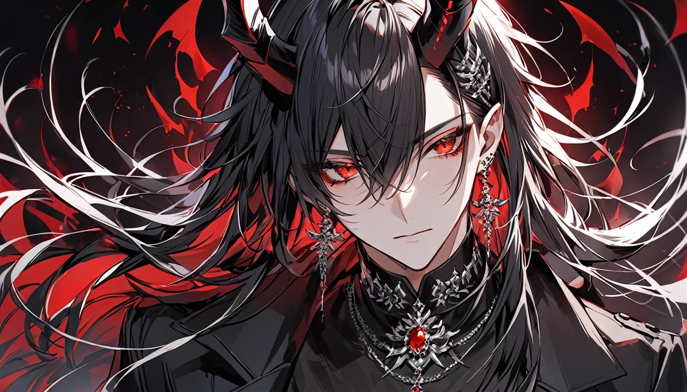 alone, good looking, 1 male, Long hair, Middle parted hair, Black hair, Red eyes, Black shirt, White Thailand, Black Trench Coat, Royal Silver Jewellery, Royal Demon Earrings, Black horns, Front Facing, Vtuber Front Facing Camera