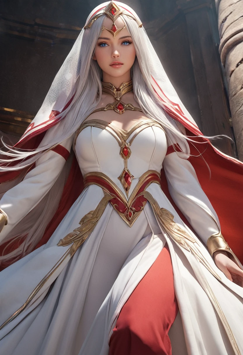 (best quality,4k,8k,highres,masterpiece:1.2), ultra-detailed, (realistic,photorealistic,photo-realistic:1.37),((Highly detailed CG Unity 8k wallpaper)), masterpiece, Super detailed, floating, High resolution, Sexually suggestive, (small, Extremely long white hair, Princess, White Mage, blue eyes, (It has long, wide sleeves and intricate embroidery. A gorgeous layered long dress in white and red with a sheer look), Bridal Veil, Circlet, Bridal Gauntlet, Blushing, shy, arched back, Frilled petticoat, Glamorous corset,