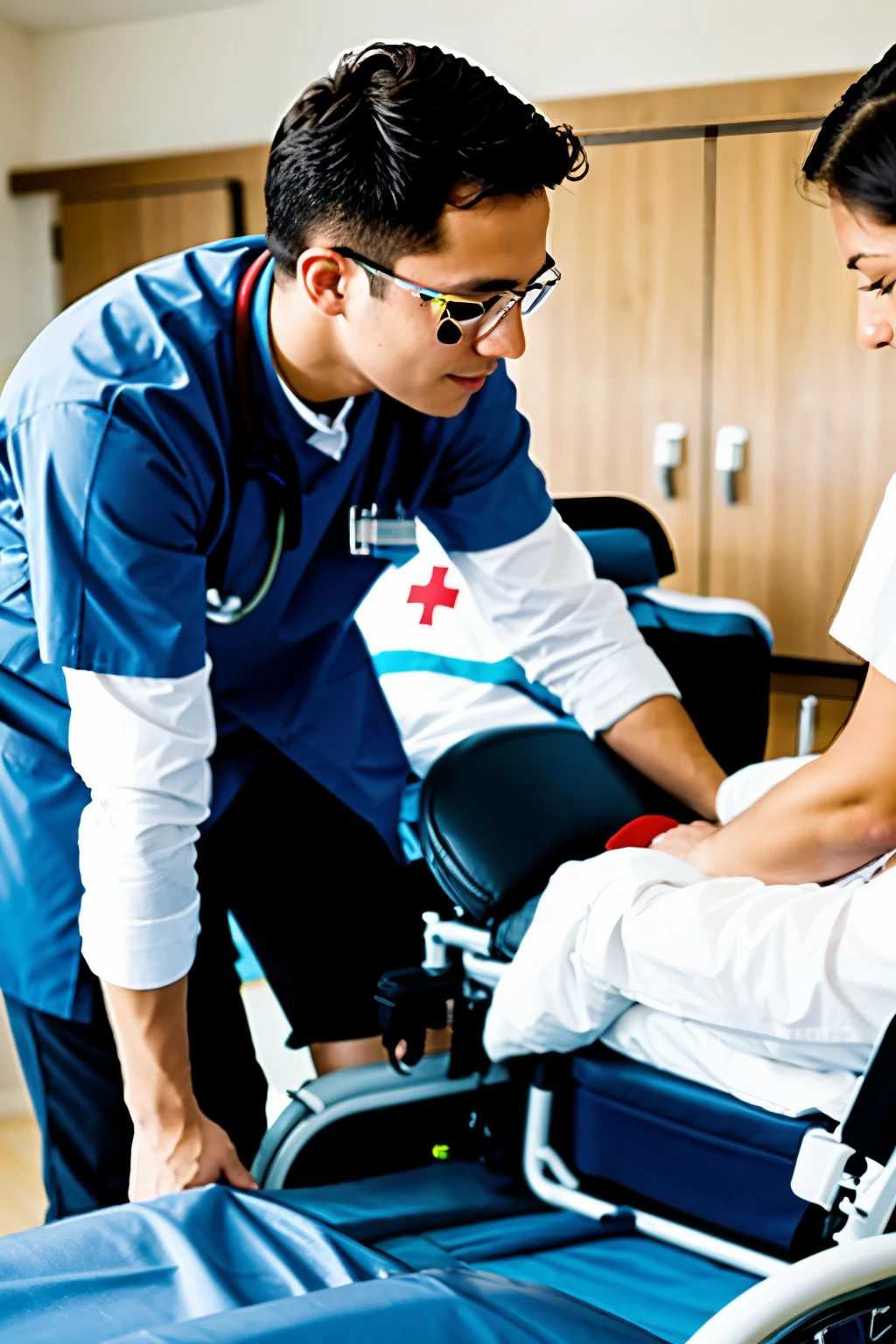 A PATIENT LYING ON A STRETCHER, NEXT TO THE NURSE WANTING TO LIFT HIM AND TO THE SIDE OF HIM A WHEELCHAIR