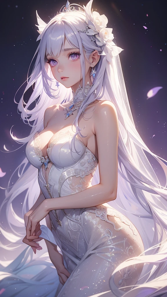 Extremely long white hair, purple eyes, dreamiest female figure, gorgeous girl. Gorgeous white mermaid fit and flare strapless wedding dress, with beautiful lace details with a matching long vail. Most perfect body and facial details.