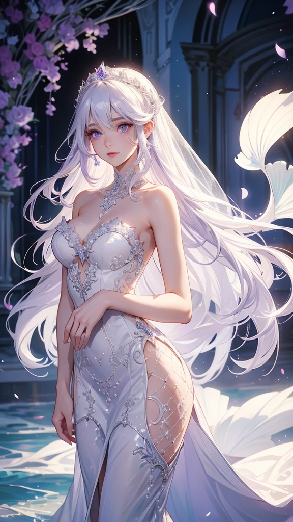 Extremely long white hair, purple eyes, dreamiest female figure, gorgeous teen girl. Gorgeous white mermaid fit and flare strapless wedding dress, with beautiful lace details with a matching long vail. Most perfect body and facial details.