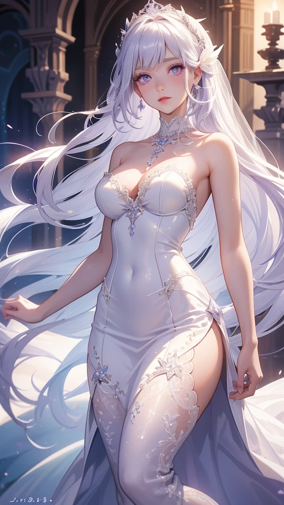 Extremely long white hair, purple eyes, dreamiest female figure, gorgeous girl. Gorgeous white mermaid fit and flare strapless wedding dress, with beautiful lace details with a matching long vail. Most perfect body and facial details.