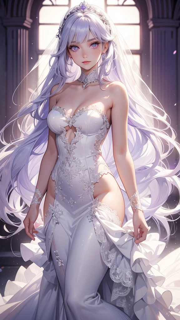 Extremely long white hair, purple eyes, dreamiest female figure, gorgeous teen girl. Gorgeous white mermaid fit and flare strapless wedding dress, with beautiful lace details with a matching long vail. Most perfect body and facial details.
