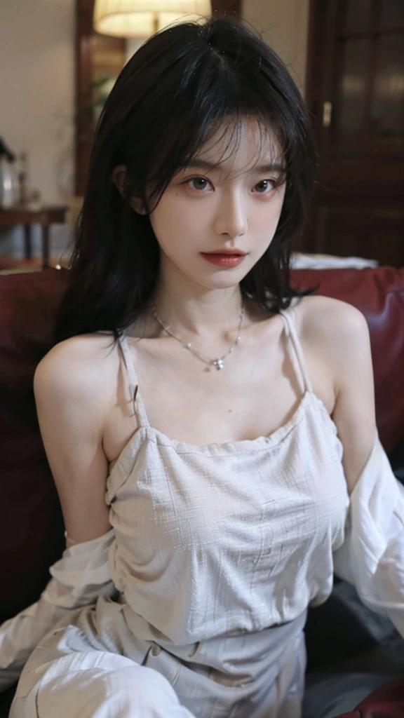 Film portrait photography, 1 girl, bare shoulders,lipstick，（flat chest：1.4）， wear necklace，Big breasts，Cute expression,Exquisite makeup，Red suspenders，serene, calm, (Realistic and detailed eyes, natural skin texture, Realistic facial details), Soft dramatic lighting, depth of field, Bokeh, Vibrant details, Detailed and detailed, surreal, 35mm film, hazy, ,