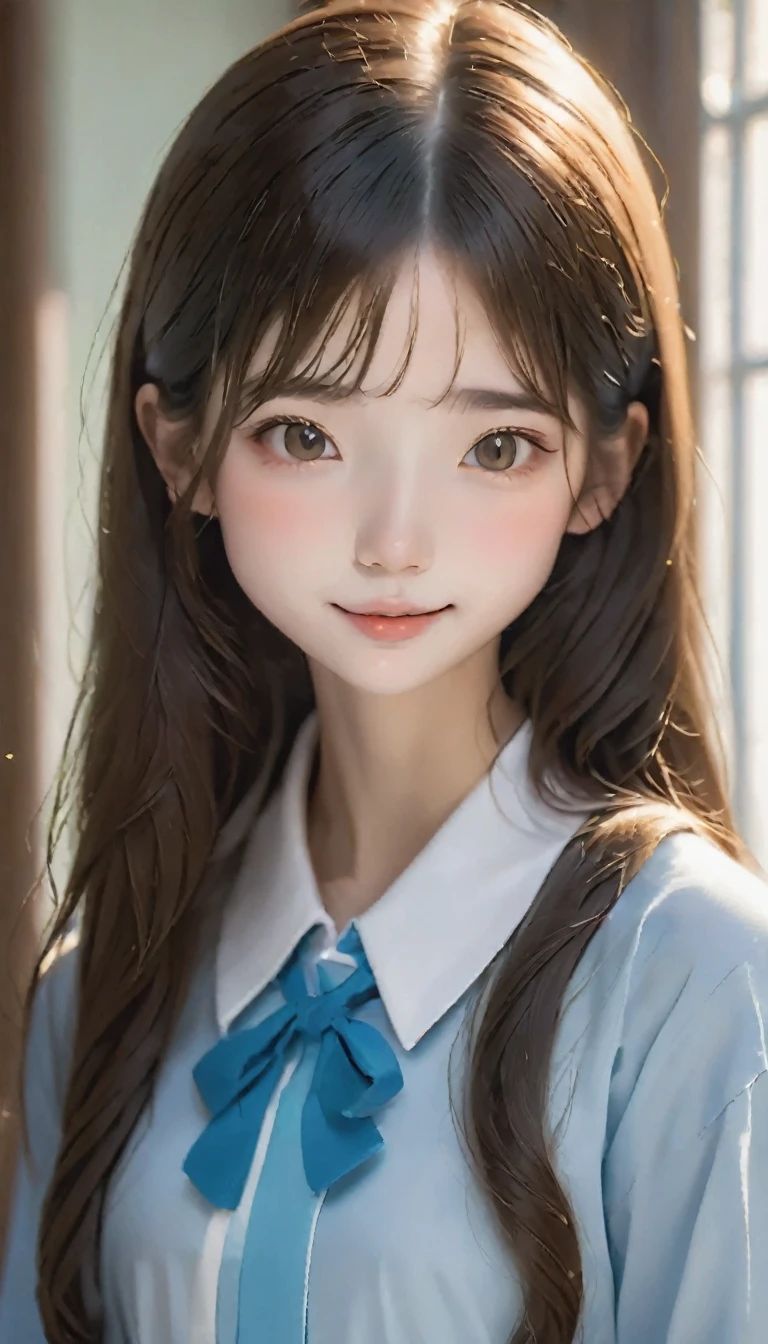 RAW Photos、Realistic、Ultra-realistic、Full body angle、(((18-year-old girl、cute、Black and brown hair)))、(((Duck mouth、Dimples、Highly detailed face and skin texture)))、(((Straight long hair)))、High School Uniform:1.37、Neat and clean 、Highest quality、masterpiece、Ultra-high resolution、8K