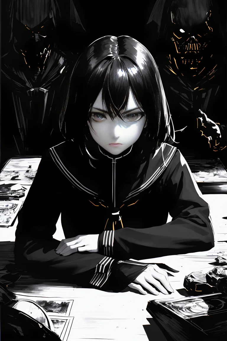 style v5lcn,ink art,(Best quality,table:1.2),(black and white comic core:1.1),(extremely high contrast),Dark ink,1 girl in,Dark-haired,Shadow on the face、8 k,Permission,high school student,sailor uniform,