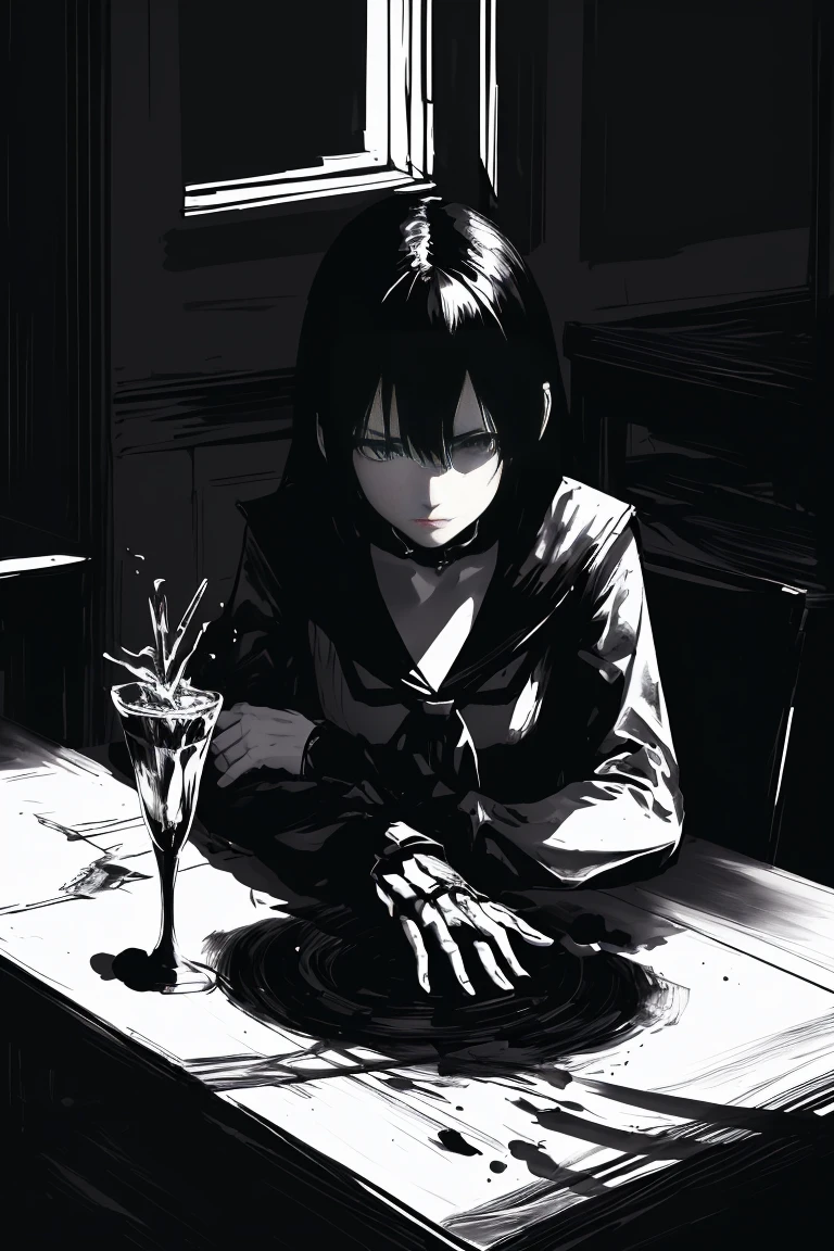 style v5lcn,ink art,(Best quality,table:1.2),(black and white comic core:1.1),(extremely high contrast),Dark ink,1 girl in,Dark-haired,Shadow on the face、8 k,Permission,high school student,sailor uniform,