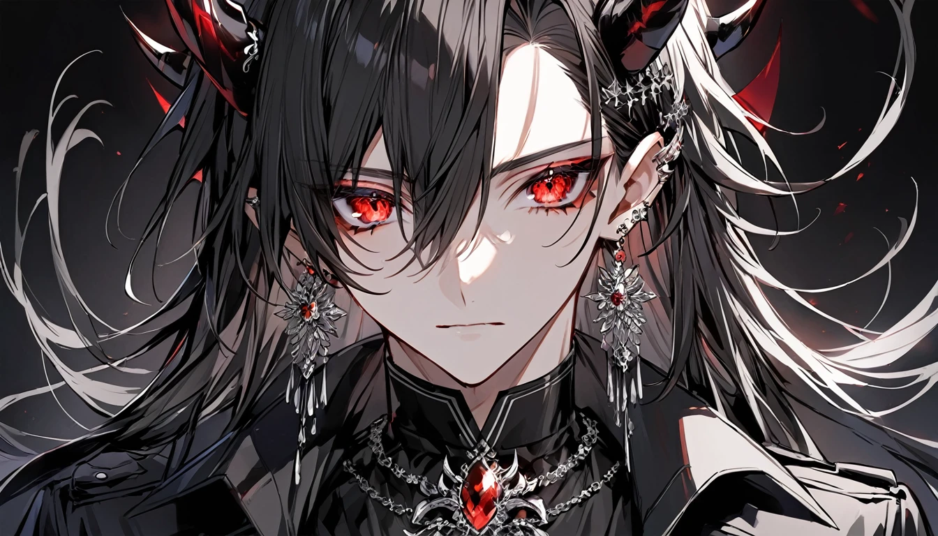 alone, good looking, 1 male, Long hair, Middle parted hair, Black hair, Red eyes, Black shirt, White Thailand, Black Trench Coat, Royal Silver Jewellery, Royal Demon Earrings, Black horns, Front Facing, Vtuber Front Facing Camera, no background