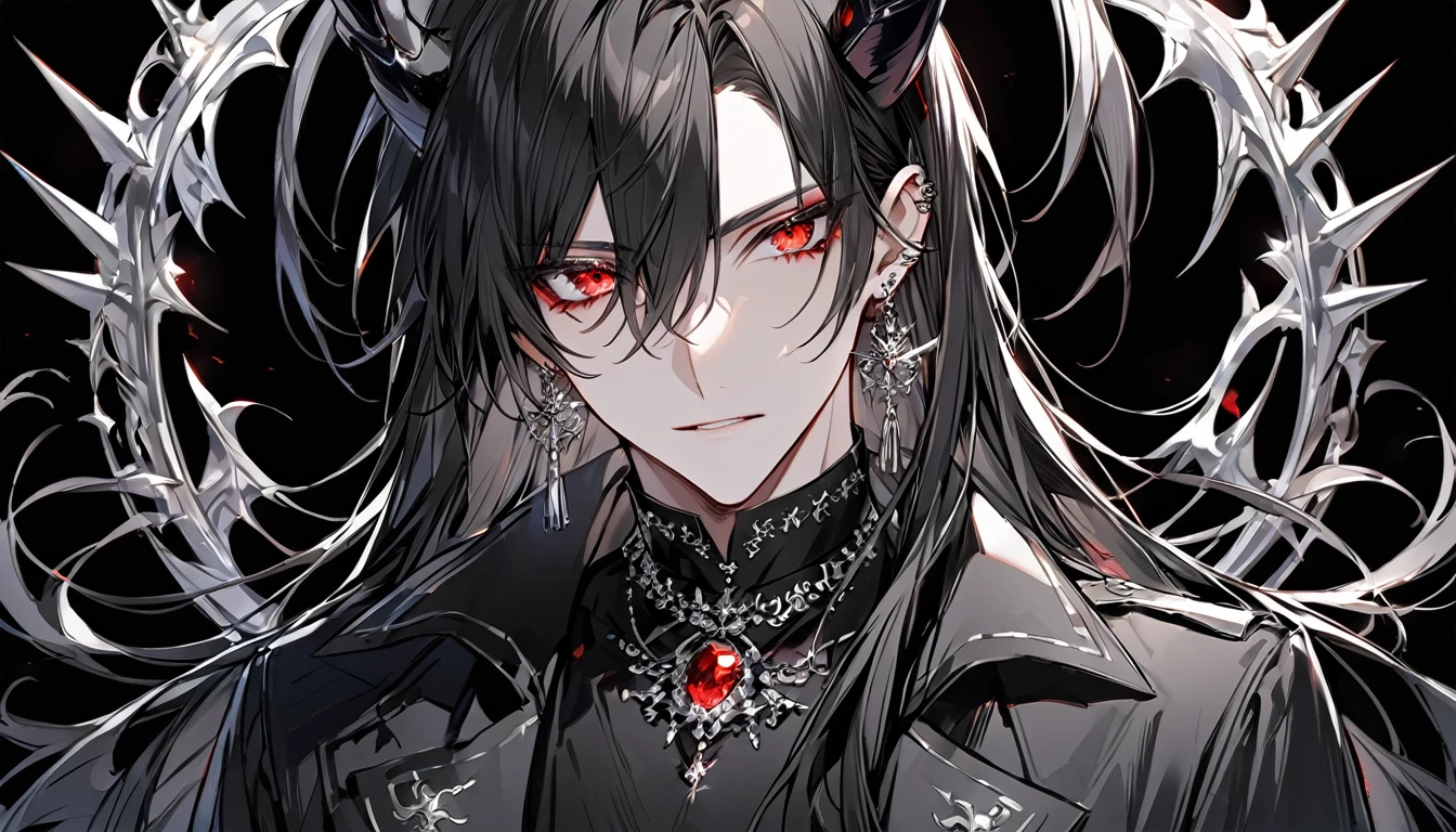 alone, good looking, 1 male, Long hair, Middle parted hair, Black hair, Red eyes, Black shirt, White Thailand, Black Trench Coat, Royal Silver Jewellery, Royal Demon Earrings, Black horns, Front Facing, Vtuber Front Facing Camera, no background